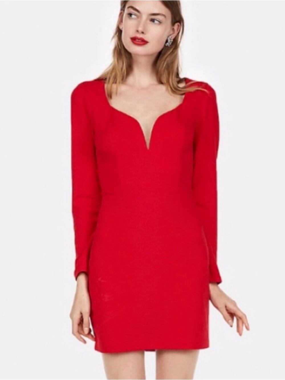 Express Red Long-Sleeve V-Notch Mini Dress